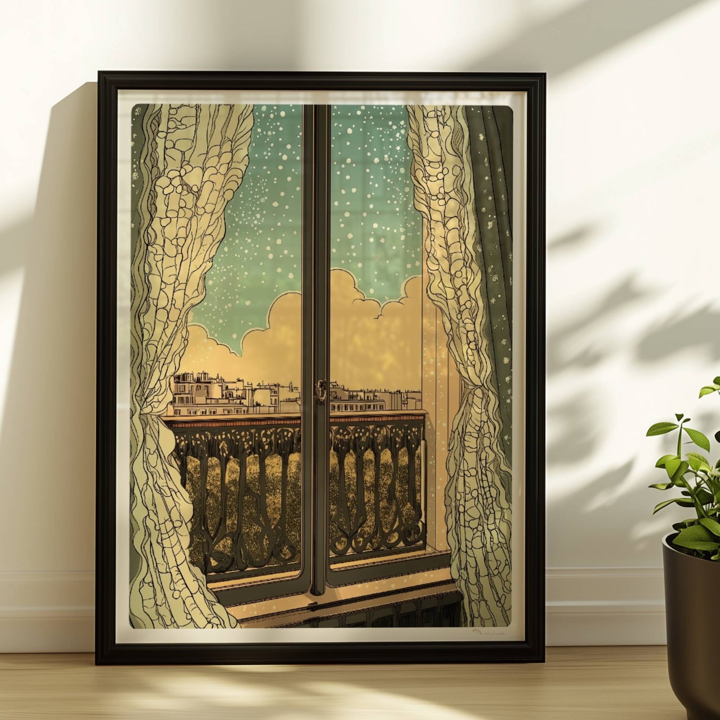 Fensterblick auf eine verschneite Stadtlandschaft durch elegante Vorhänge im Jugendstil mit verschnörkeltem Balkon.. Rahmen schwarz 30x40