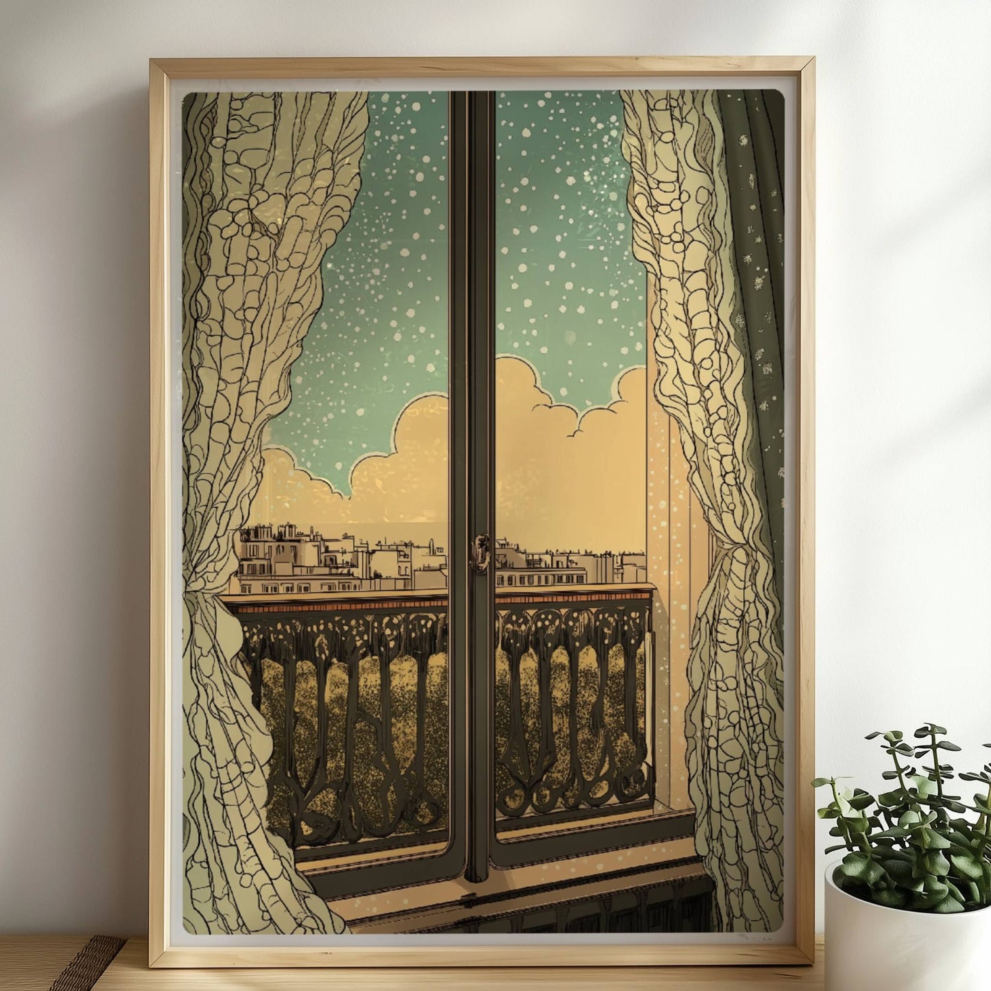 Fensterblick auf eine verschneite Stadtlandschaft durch elegante Vorhänge im Jugendstil mit verschnörkeltem Balkon.. Rahmen natur 50x70