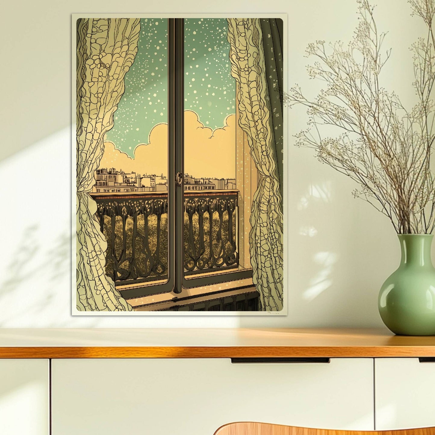 Fensterblick auf eine verschneite Stadtlandschaft durch elegante Vorhänge im Jugendstil mit verschnörkeltem Balkon.. Ohne Rahmen 50x70