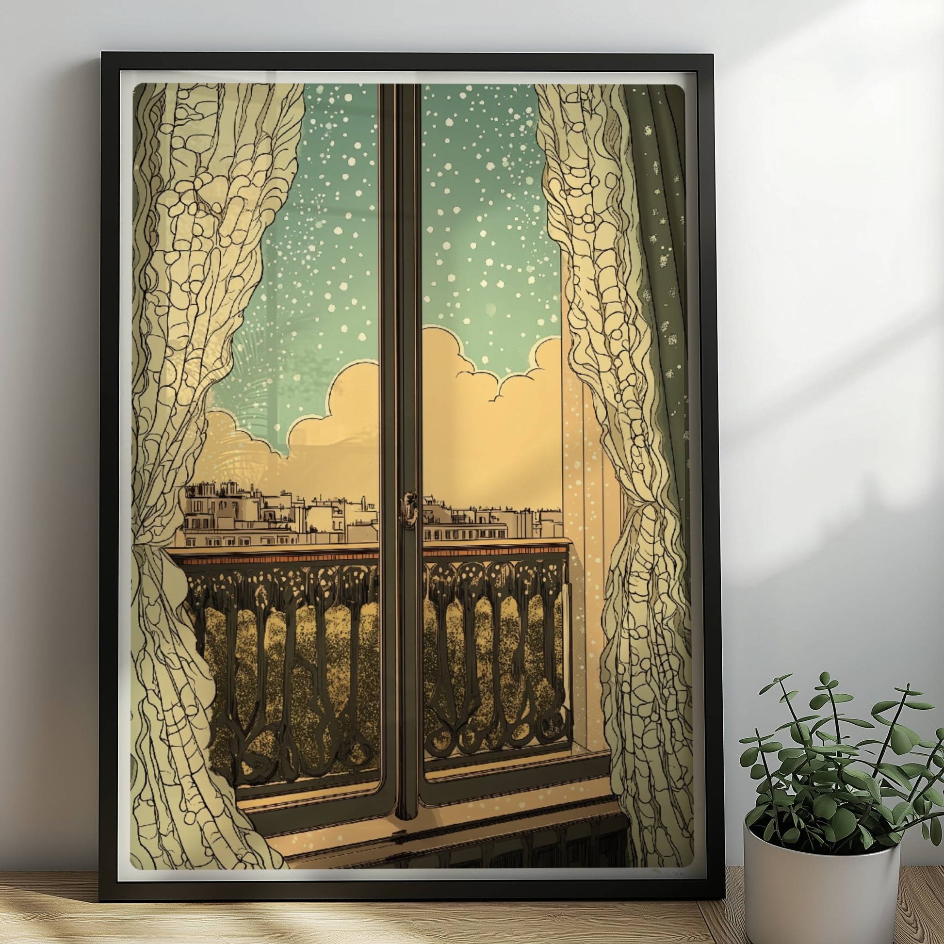 Fensterblick auf eine verschneite Stadtlandschaft durch elegante Vorhänge im Jugendstil mit verschnörkeltem Balkon.. Rahmen schwarz 50x70