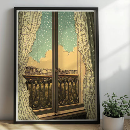 Fensterblick auf eine verschneite Stadtlandschaft durch elegante Vorhänge im Jugendstil mit verschnörkeltem Balkon.. Rahmen schwarz 50x70