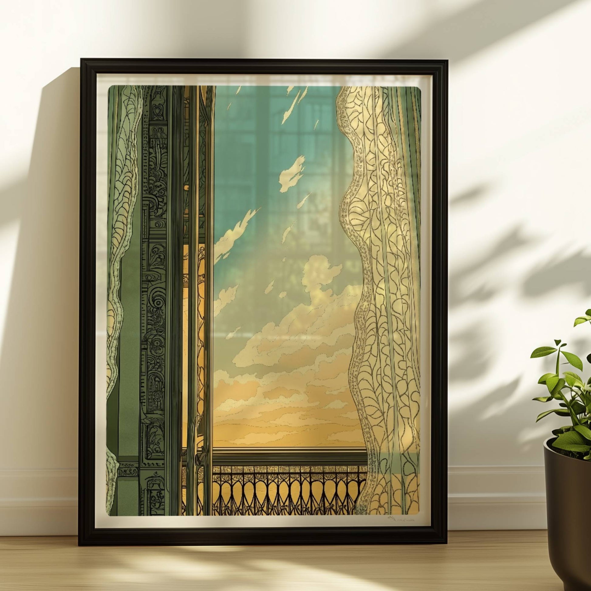 Offenes Fenster mit verschnörkeltem Balkon im Jugendstil, Spitzenvorhang und Blick auf sonnigen Himmel mit Wolken.. Rahmen schwarz 30x40