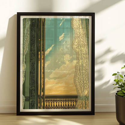 Offenes Fenster mit verschnörkeltem Balkon im Jugendstil, Spitzenvorhang und Blick auf sonnigen Himmel mit Wolken.. Rahmen schwarz 30x40
