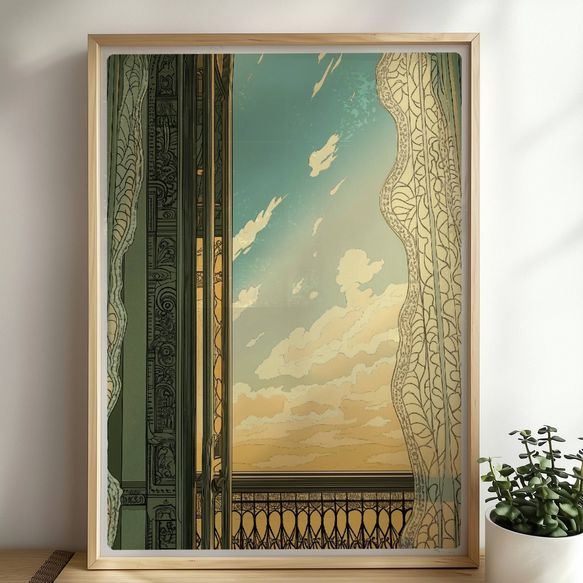 Offenes Fenster mit verschnörkeltem Balkon im Jugendstil, Spitzenvorhang und Blick auf sonnigen Himmel mit Wolken.. Rahmen natur 50x70