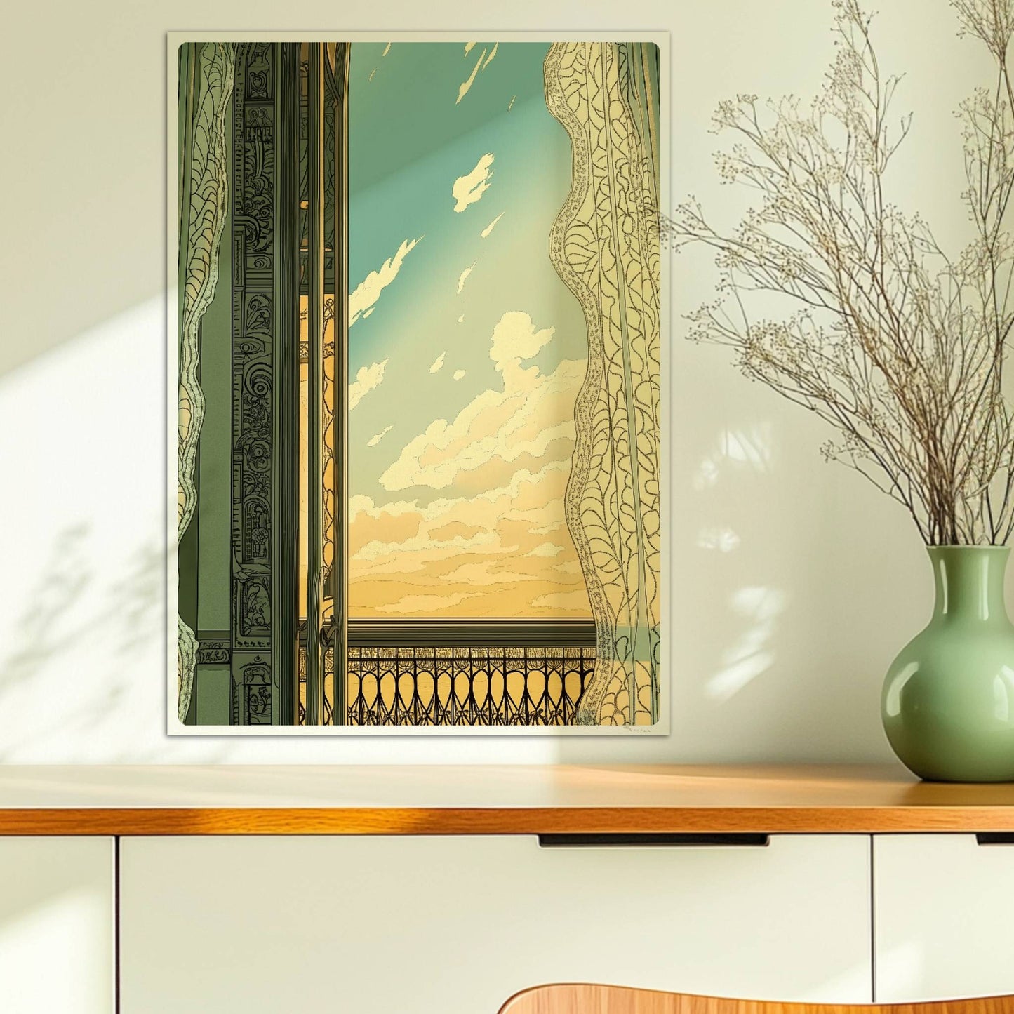 Offenes Fenster mit verschnörkeltem Balkon im Jugendstil, Spitzenvorhang und Blick auf sonnigen Himmel mit Wolken.. Ohne Rahmen 50x70