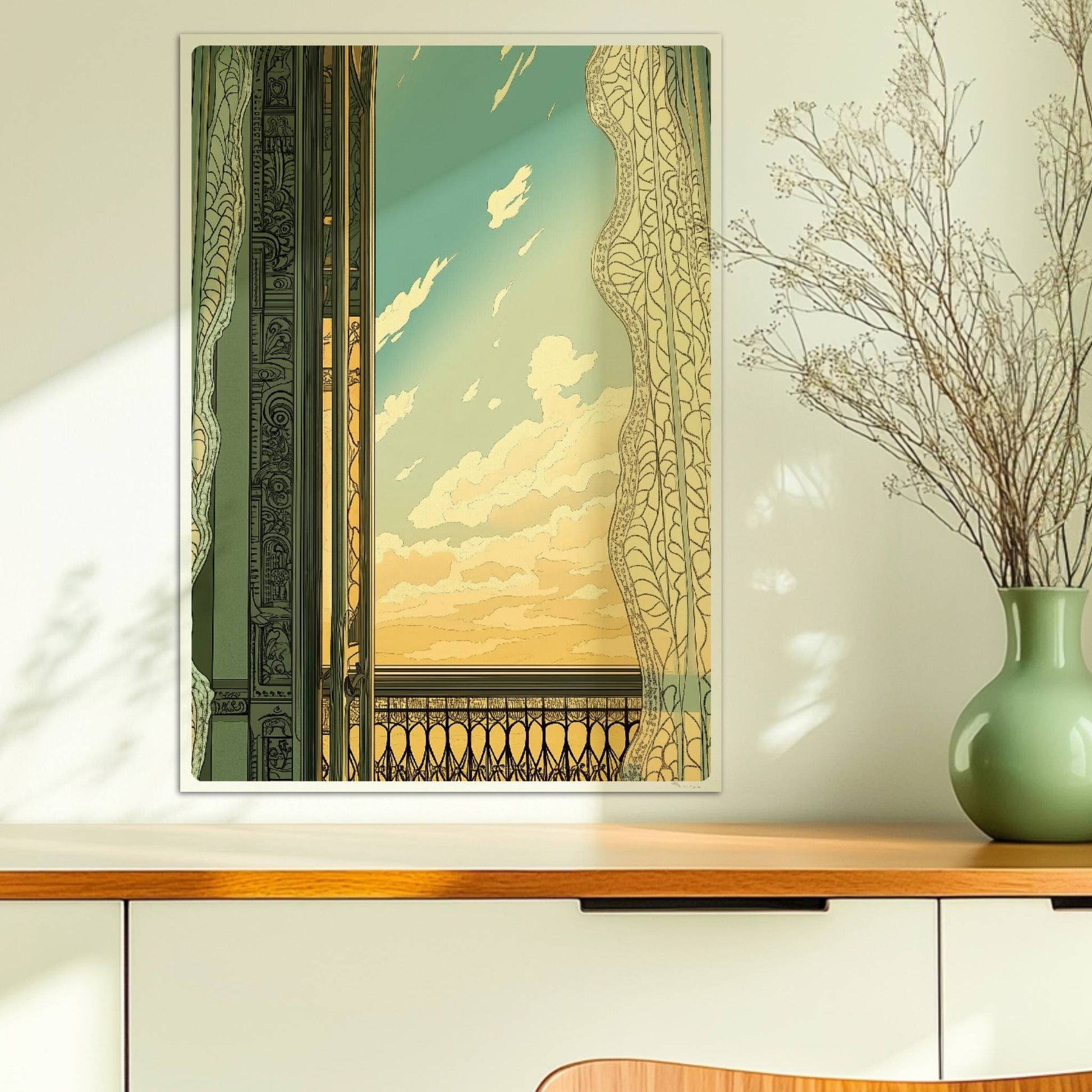 Offenes Fenster mit verschnörkeltem Balkon im Jugendstil, Spitzenvorhang und Blick auf sonnigen Himmel mit Wolken.. Ohne Rahmen 50x70