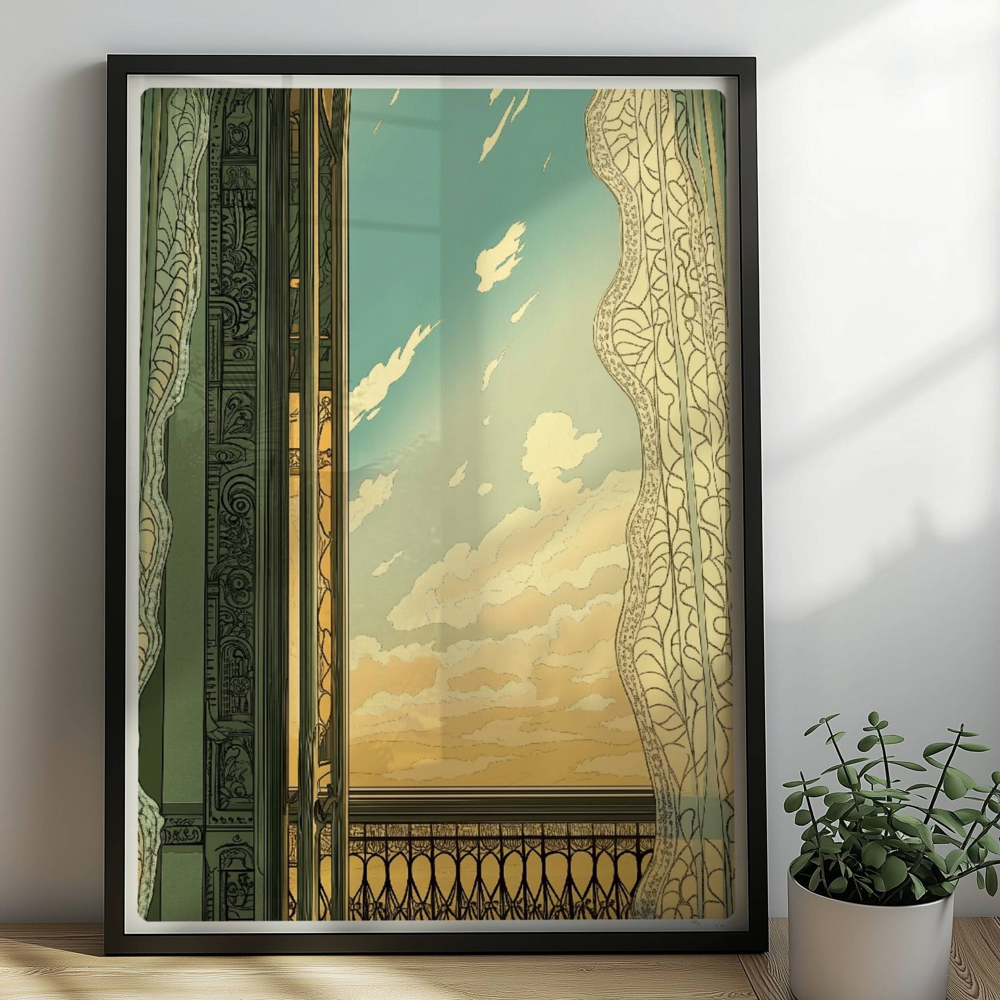 Offenes Fenster mit verschnörkeltem Balkon im Jugendstil, Spitzenvorhang und Blick auf sonnigen Himmel mit Wolken.. Rahmen schwarz 50x70