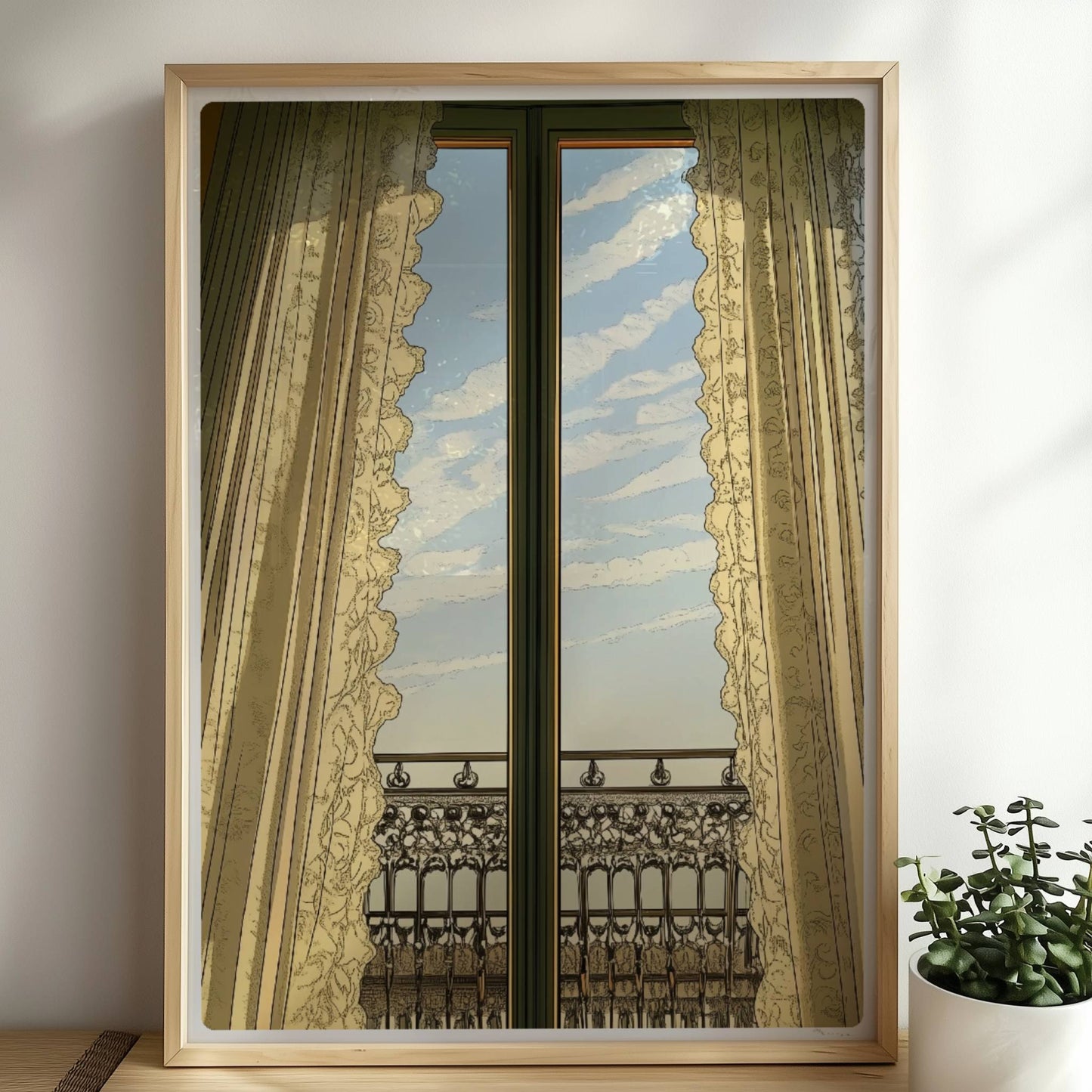 Geschlossene französische Fenstertüren mit Spitzenvorhängen und Blick auf einen kunstvollen Art-Nouveau-Balkon unter blauem Himmel.. Rahmen natur 50x70