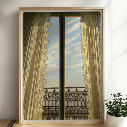 Geschlossene französische Fenstertüren mit Spitzenvorhängen und Blick auf einen kunstvollen Art-Nouveau-Balkon unter blauem Himmel.. Rahmen natur 50x70