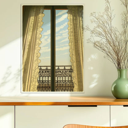 Geschlossene französische Fenstertüren mit Spitzenvorhängen und Blick auf einen kunstvollen Art-Nouveau-Balkon unter blauem Himmel.. Ohne Rahmen 50x70