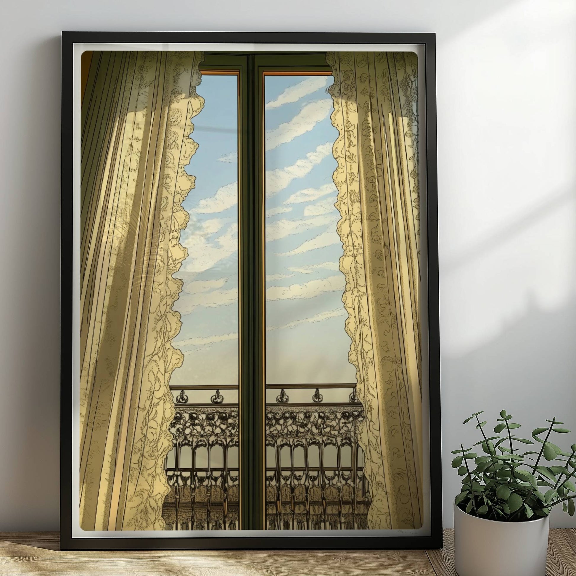Geschlossene französische Fenstertüren mit Spitzenvorhängen und Blick auf einen kunstvollen Art-Nouveau-Balkon unter blauem Himmel.. Rahmen schwarz 50x70