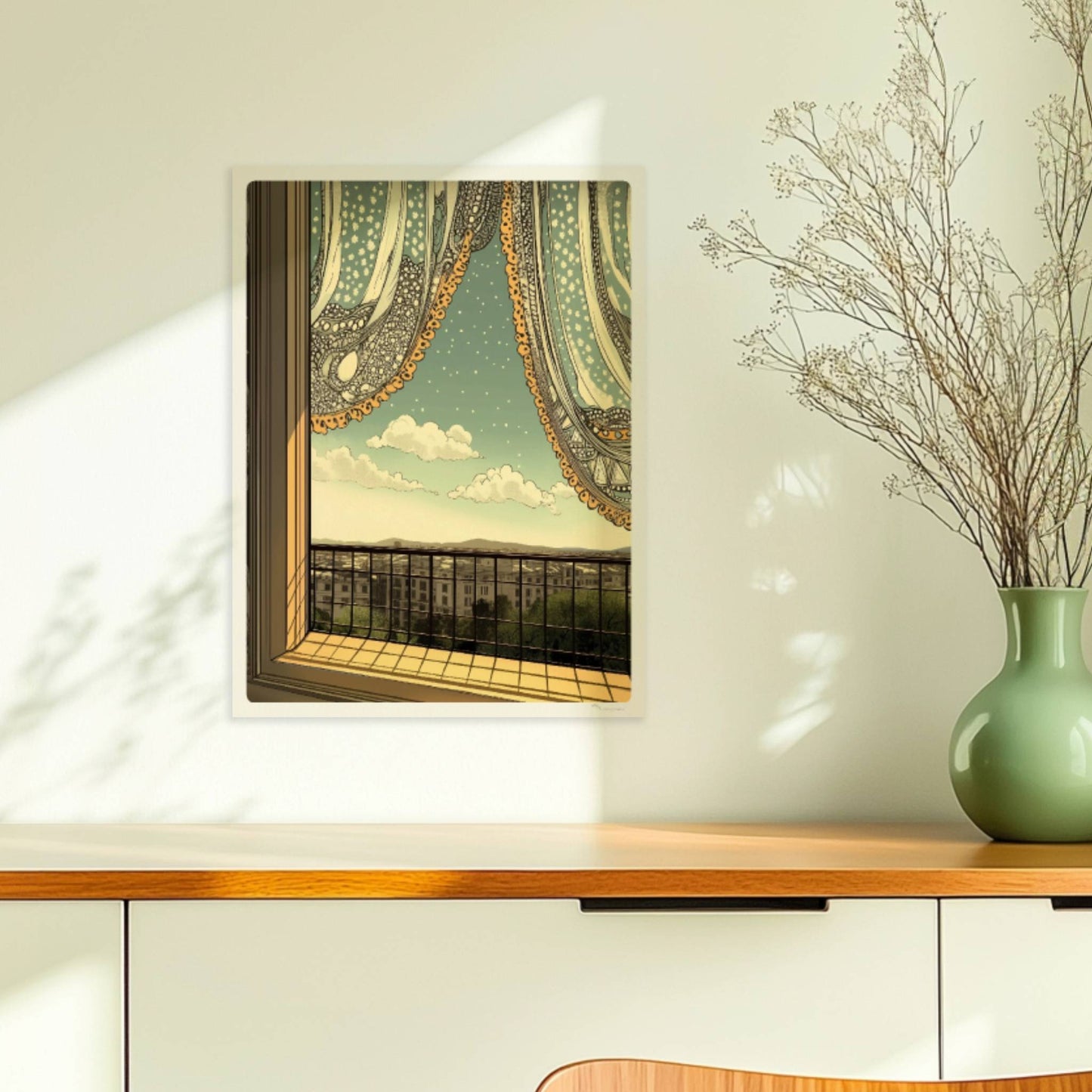 Offenes Fenster mit verspielter Spitzengardine, Blick auf Stadtlandschaft und ferne Berge im Jugendstil.. Ohne Rahmen 30x40