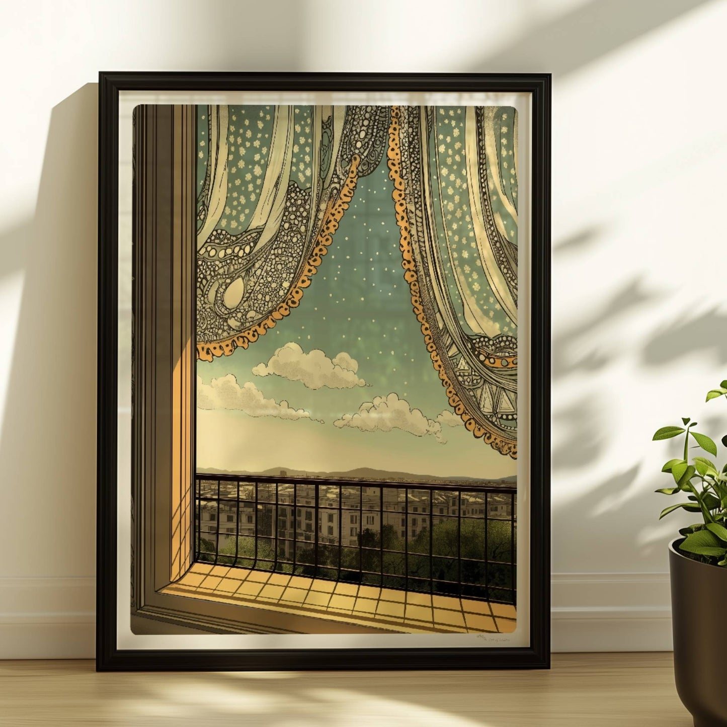 Offenes Fenster mit verspielter Spitzengardine, Blick auf Stadtlandschaft und ferne Berge im Jugendstil.. Rahmen schwarz 30x40