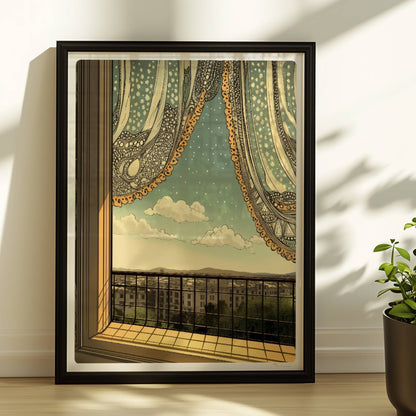 Offenes Fenster mit verspielter Spitzengardine, Blick auf Stadtlandschaft und ferne Berge im Jugendstil.. Rahmen schwarz 30x40