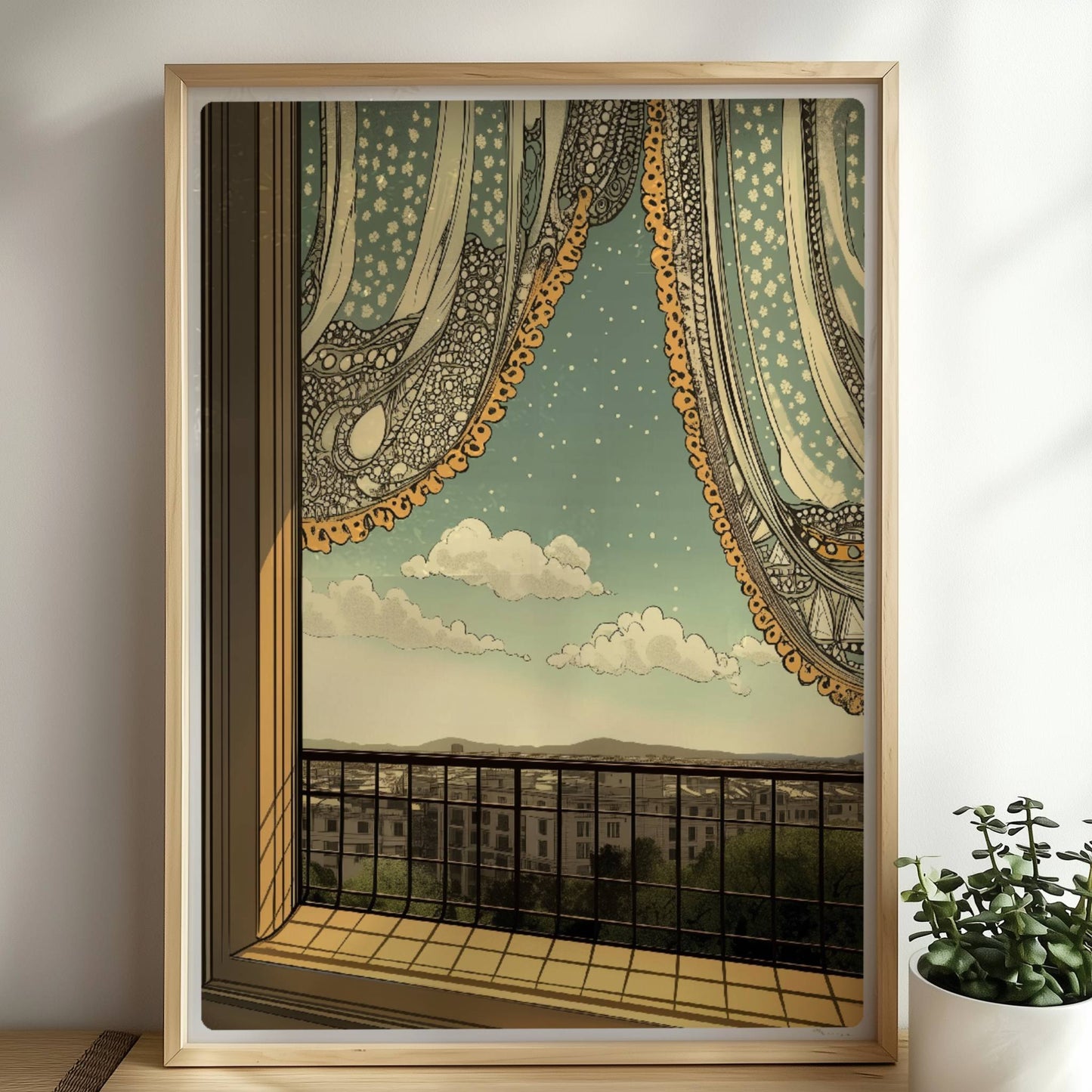 Offenes Fenster mit verspielter Spitzengardine, Blick auf Stadtlandschaft und ferne Berge im Jugendstil.. Rahmen natur 50x70