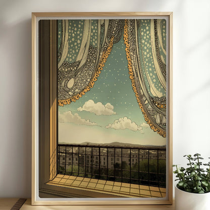 Offenes Fenster mit verspielter Spitzengardine, Blick auf Stadtlandschaft und ferne Berge im Jugendstil.. Rahmen natur 50x70