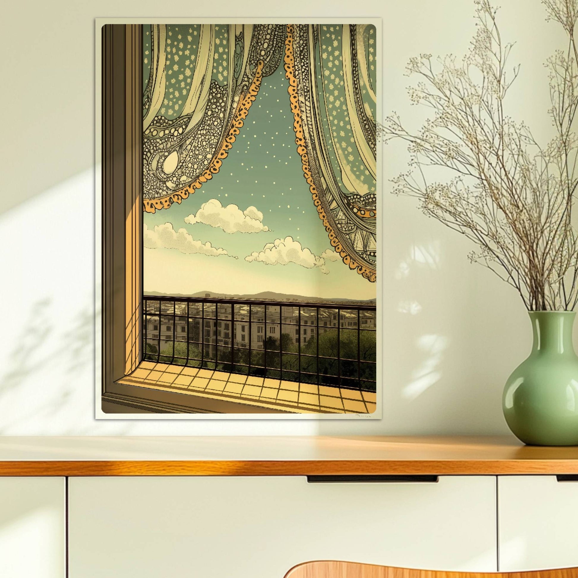 Offenes Fenster mit verspielter Spitzengardine, Blick auf Stadtlandschaft und ferne Berge im Jugendstil.. Ohne Rahmen 50x70
