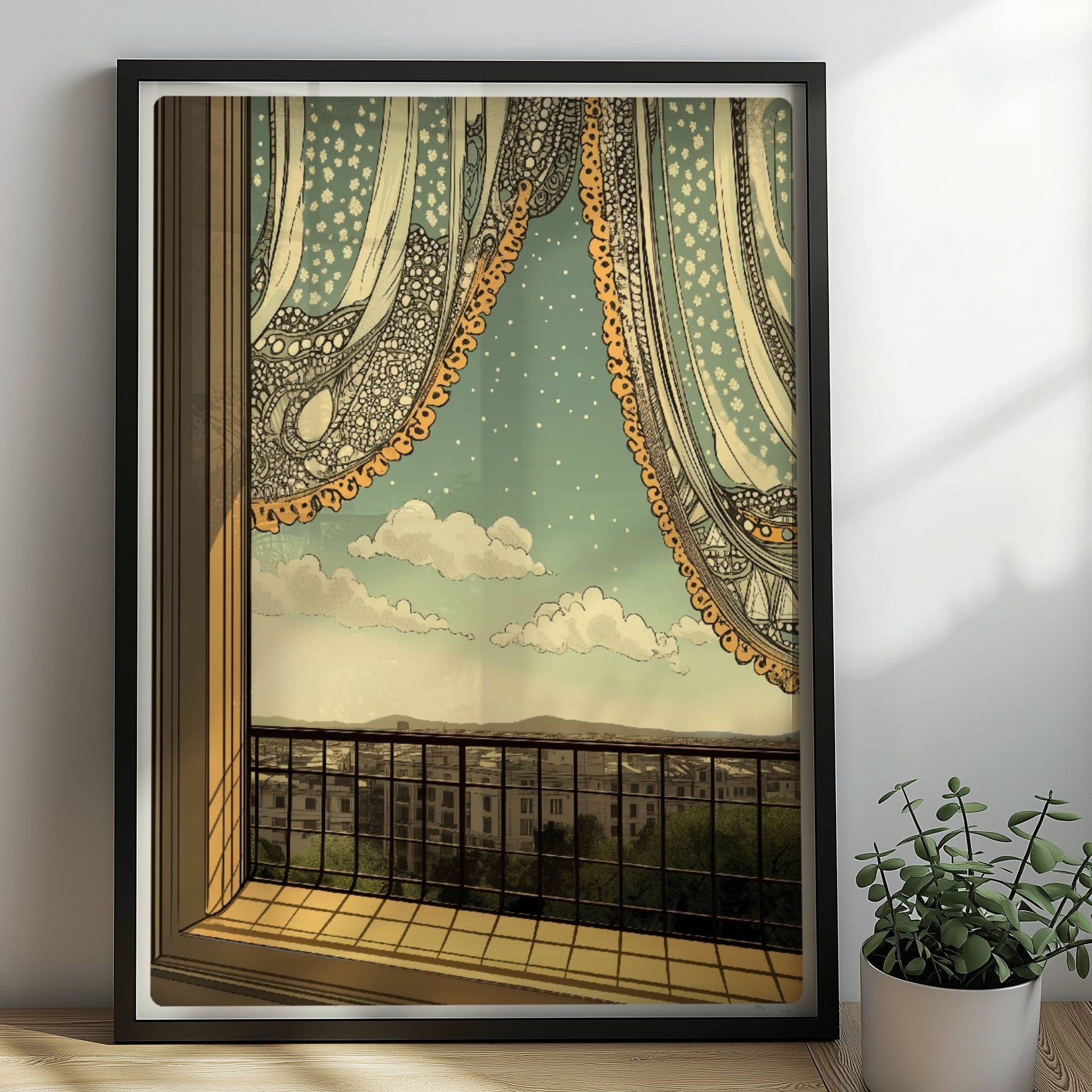 Offenes Fenster mit verspielter Spitzengardine, Blick auf Stadtlandschaft und ferne Berge im Jugendstil.. Rahmen schwarz 50x70