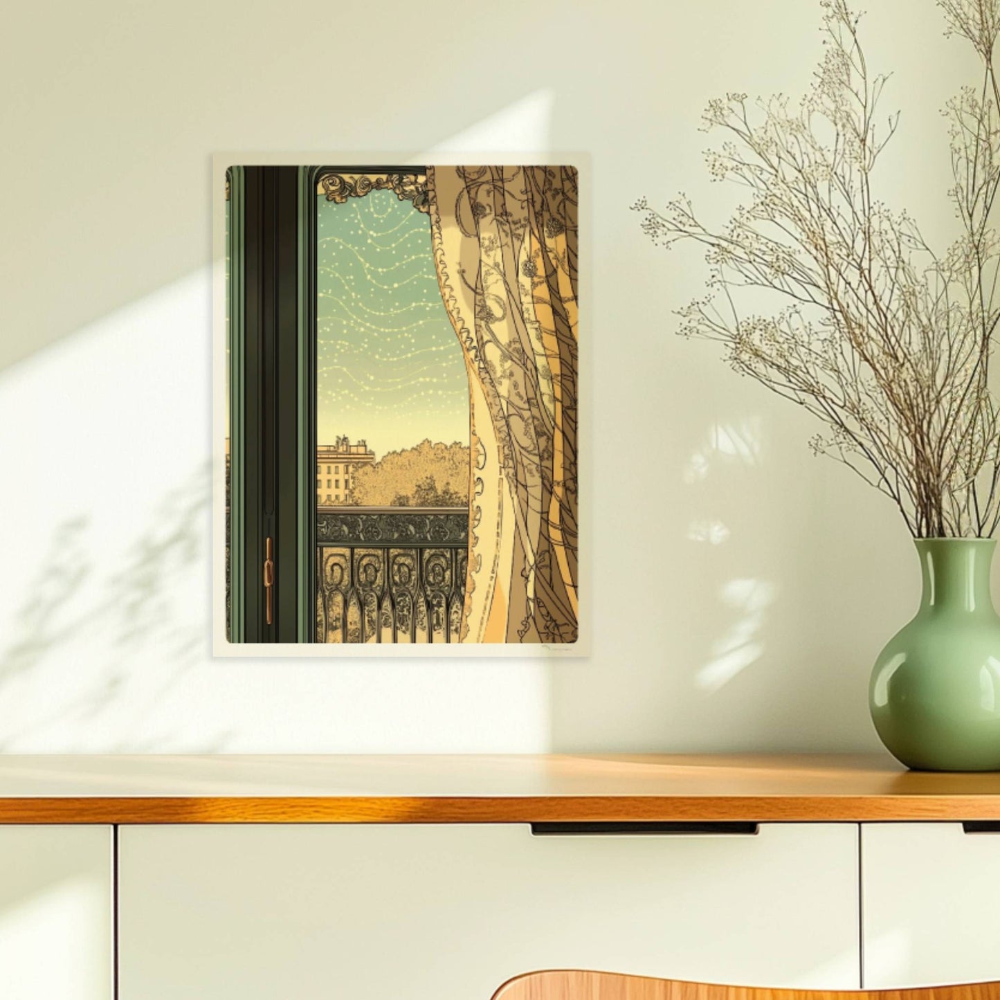 Verziertes Fenster mit halbtransparenter Gardine, Blick auf Balkon und Stadt im Jugendstil.. Ohne Rahmen 30x40