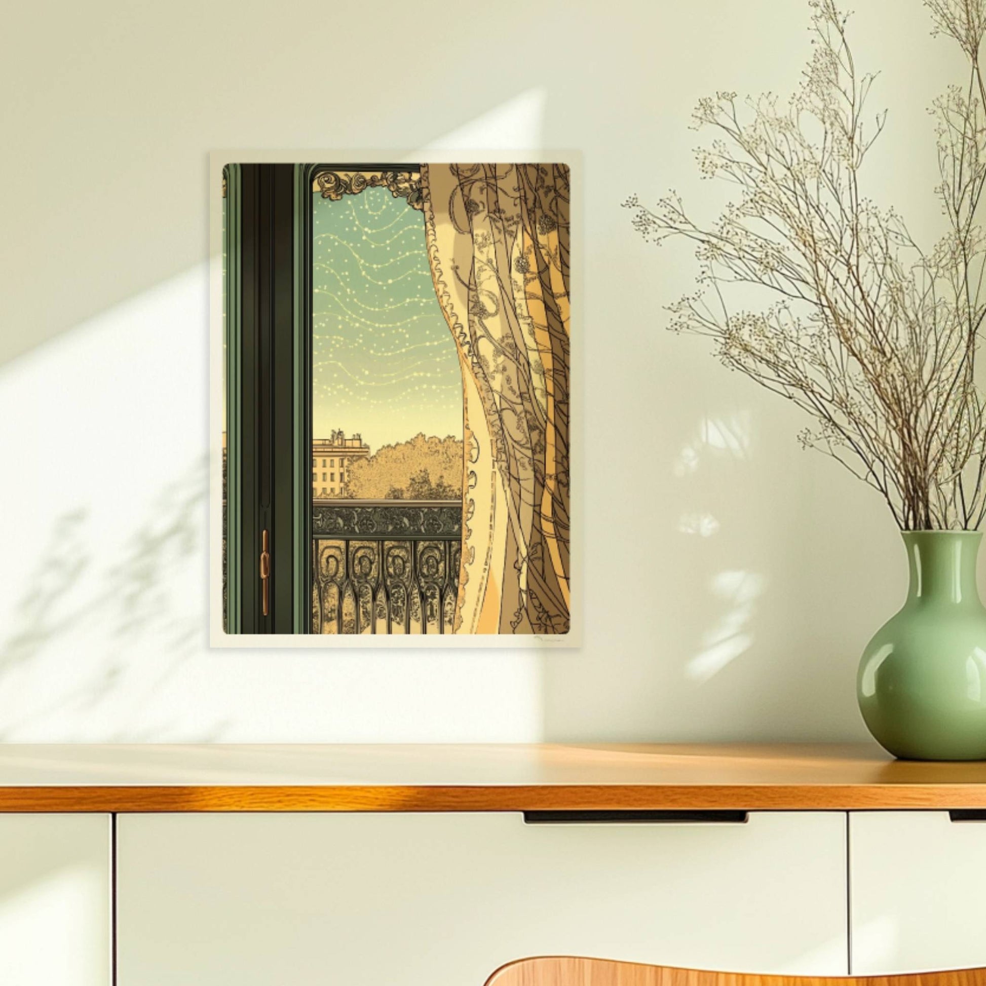 Verziertes Fenster mit halbtransparenter Gardine, Blick auf Balkon und Stadt im Jugendstil.. Ohne Rahmen 30x40