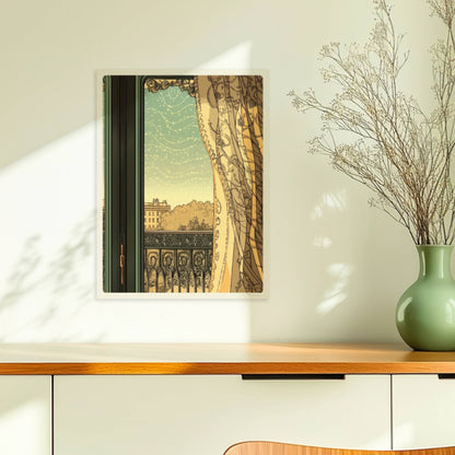 Verziertes Fenster mit halbtransparenter Gardine, Blick auf Balkon und Stadt im Jugendstil.. Ohne Rahmen 30x40