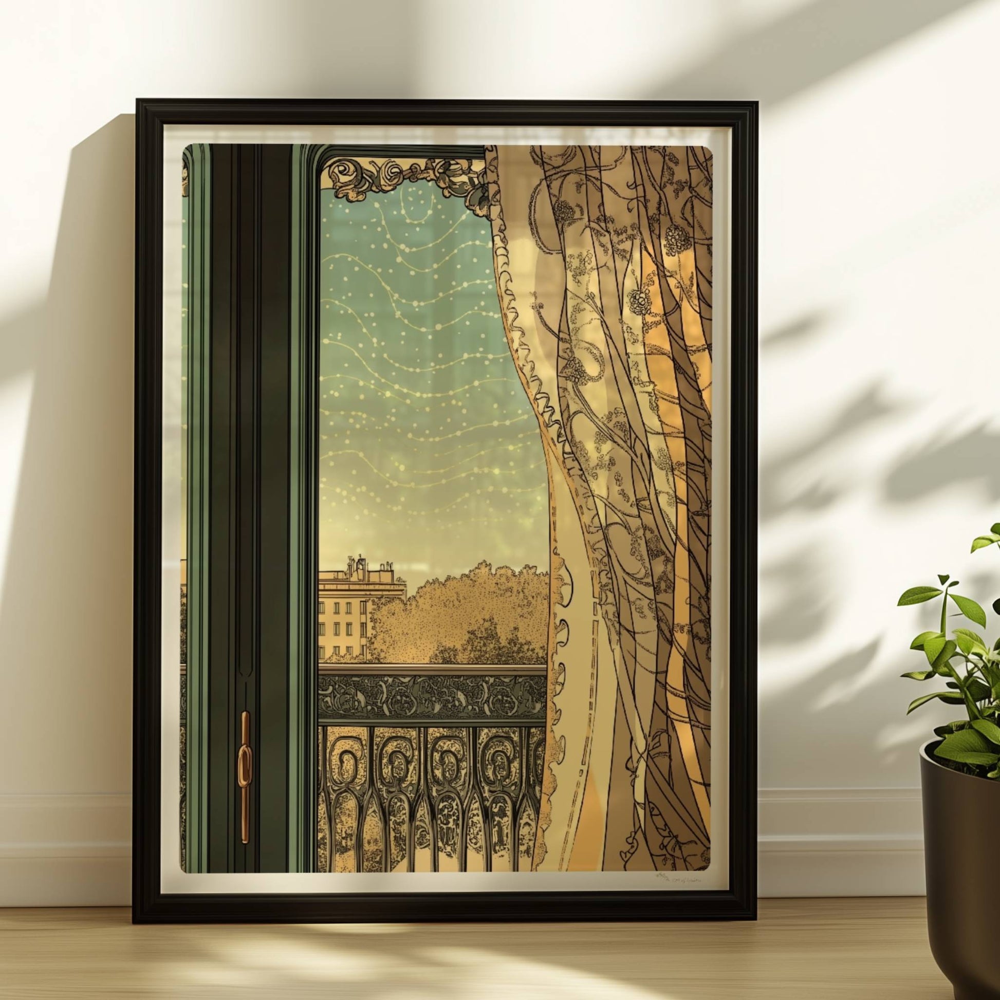 Verziertes Fenster mit halbtransparenter Gardine, Blick auf Balkon und Stadt im Jugendstil.. Rahmen schwarz 30x40