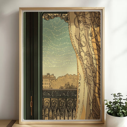 Verziertes Fenster mit halbtransparenter Gardine, Blick auf Balkon und Stadt im Jugendstil.. Rahmen natur 50x70