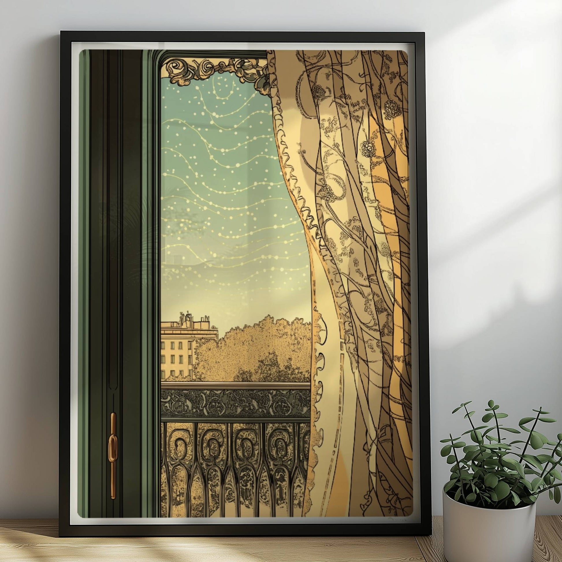 Verziertes Fenster mit halbtransparenter Gardine, Blick auf Balkon und Stadt im Jugendstil.. Rahmen schwarz 50x70