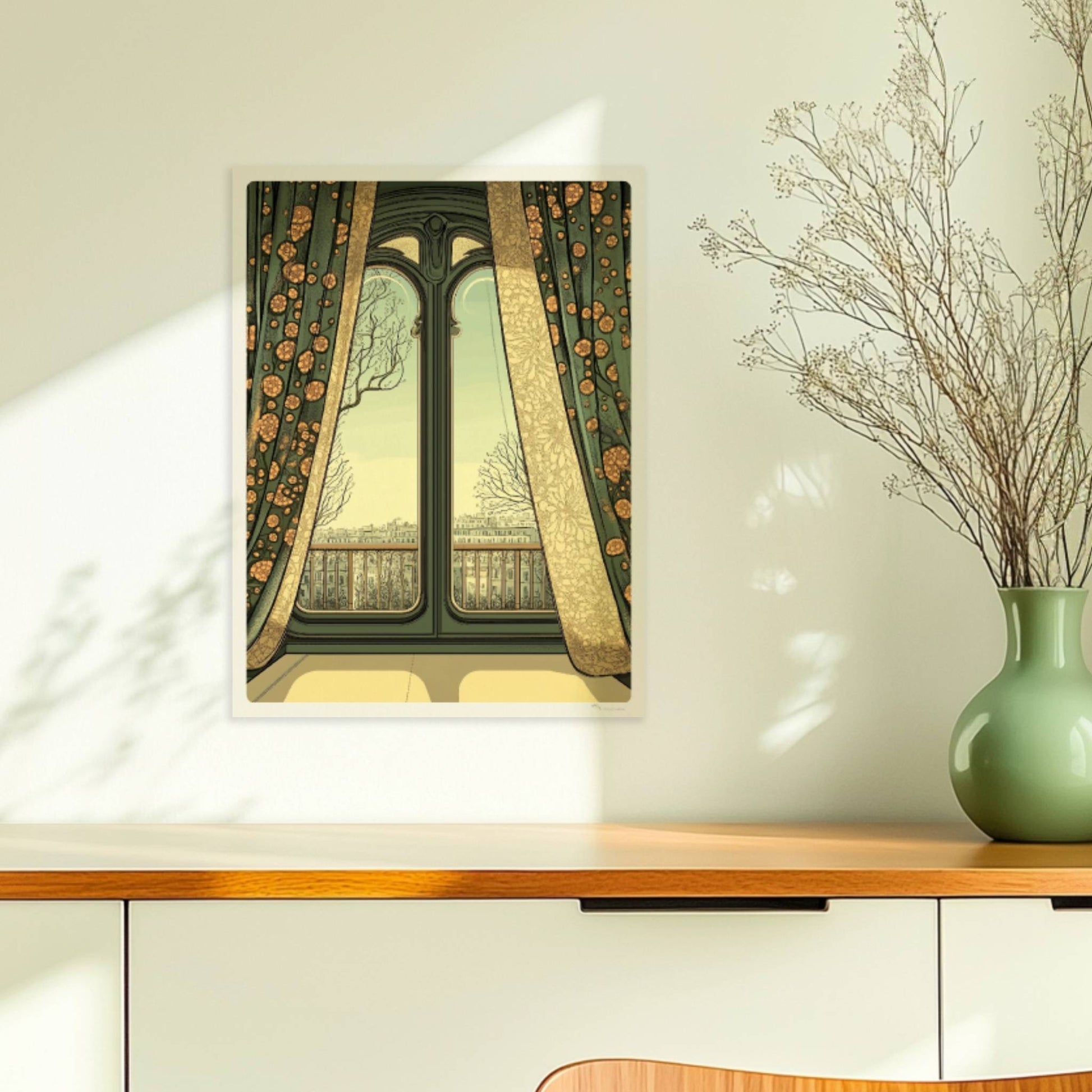 Jugendstil-Fenster mit grünen und goldenen Vorhängen, Blick auf Stadt und Bäume – malerischer Fensterblick.. Ohne Rahmen 30x40