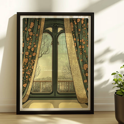 Jugendstil-Fenster mit grünen und goldenen Vorhängen, Blick auf Stadt und Bäume – malerischer Fensterblick.. Rahmen schwarz 30x40
