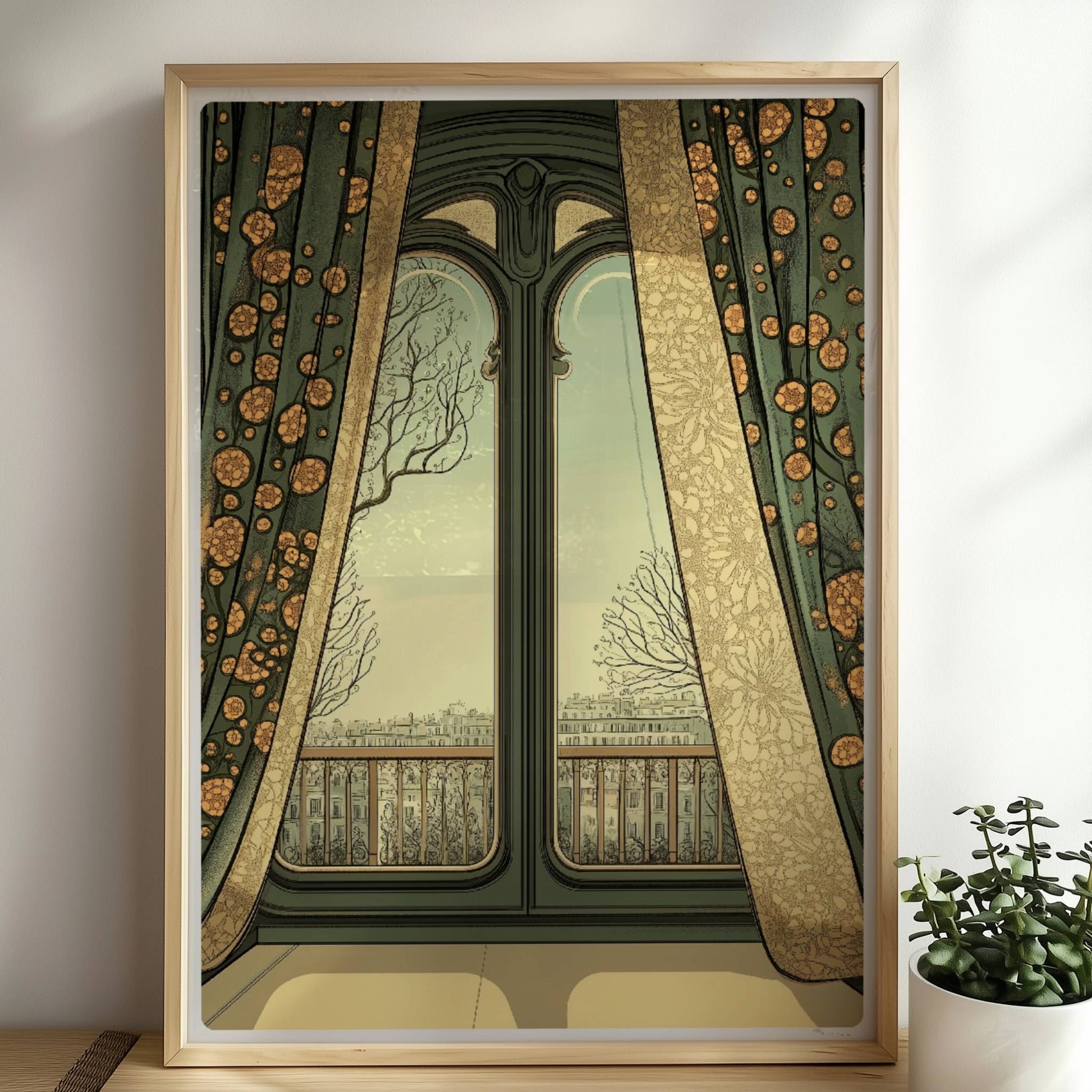 Jugendstil-Fenster mit grünen und goldenen Vorhängen, Blick auf Stadt und Bäume – malerischer Fensterblick.. Rahmen natur 50x70