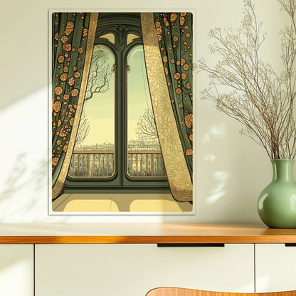 Jugendstil-Fenster mit grünen und goldenen Vorhängen, Blick auf Stadt und Bäume – malerischer Fensterblick.. Ohne Rahmen 50x70