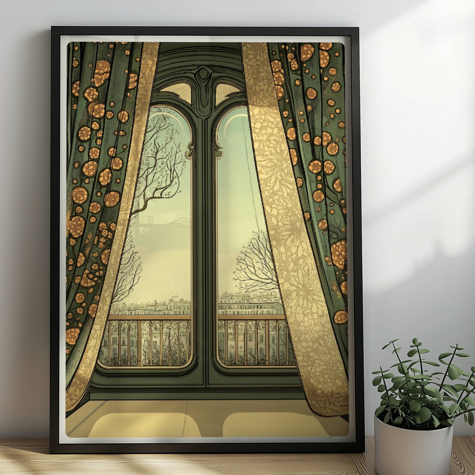 Jugendstil-Fenster mit grünen und goldenen Vorhängen, Blick auf Stadt und Bäume – malerischer Fensterblick.. Rahmen schwarz 50x70