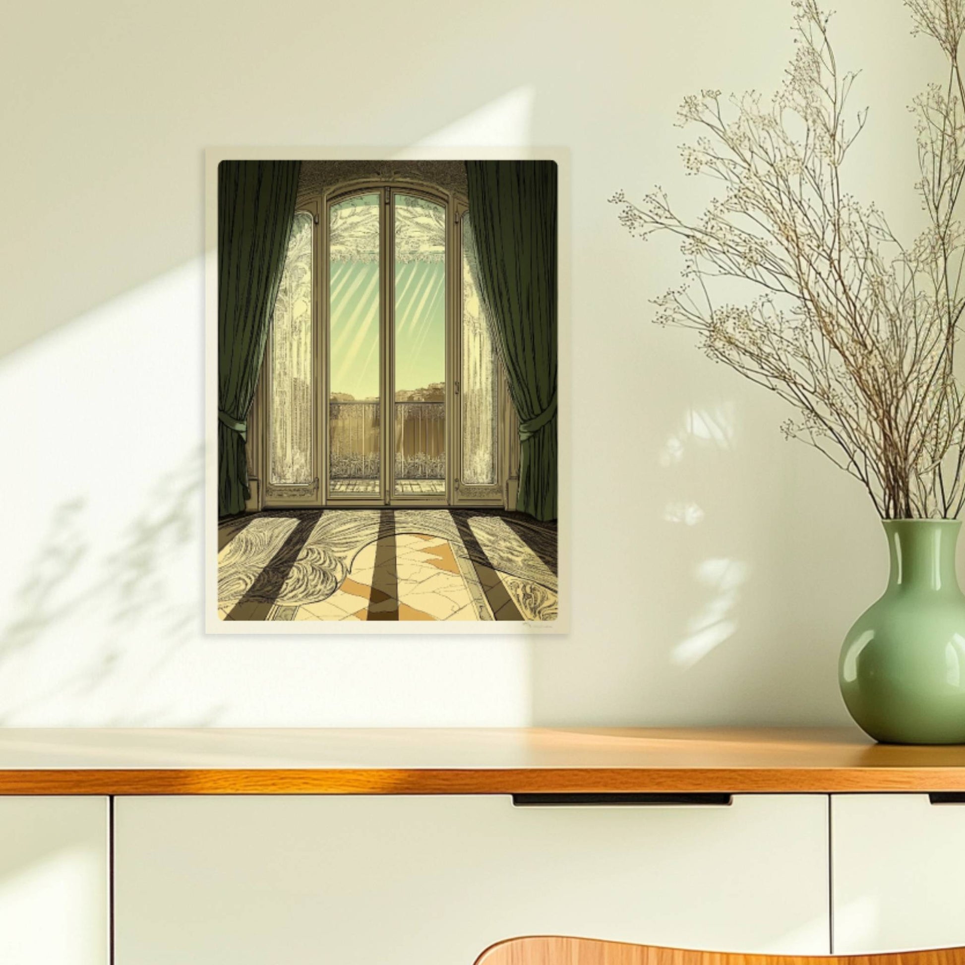 Verziertes Jugendstil-Fenster mit grünen Vorhängen, Sonnenstrahlen auf kunstvollem Musterboden, eleganter Fensterblick ins Freie.. Ohne Rahmen 30x40