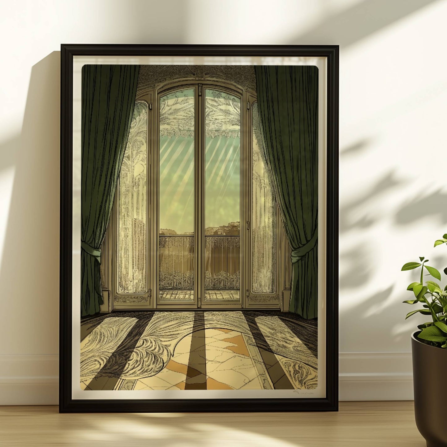 Verziertes Jugendstil-Fenster mit grünen Vorhängen, Sonnenstrahlen auf kunstvollem Musterboden, eleganter Fensterblick ins Freie.. Rahmen schwarz 30x40