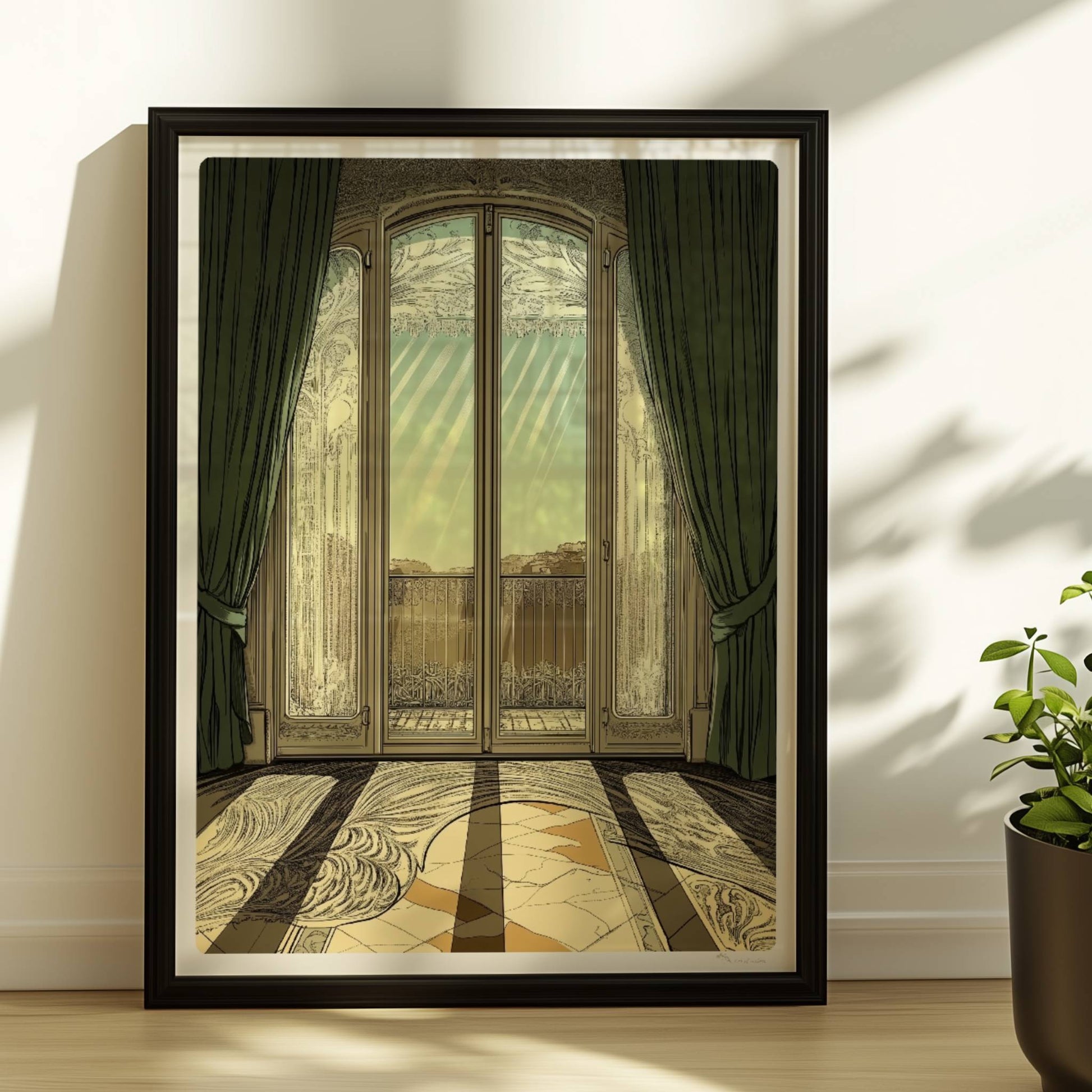 Verziertes Jugendstil-Fenster mit grünen Vorhängen, Sonnenstrahlen auf kunstvollem Musterboden, eleganter Fensterblick ins Freie.. Rahmen schwarz 30x40