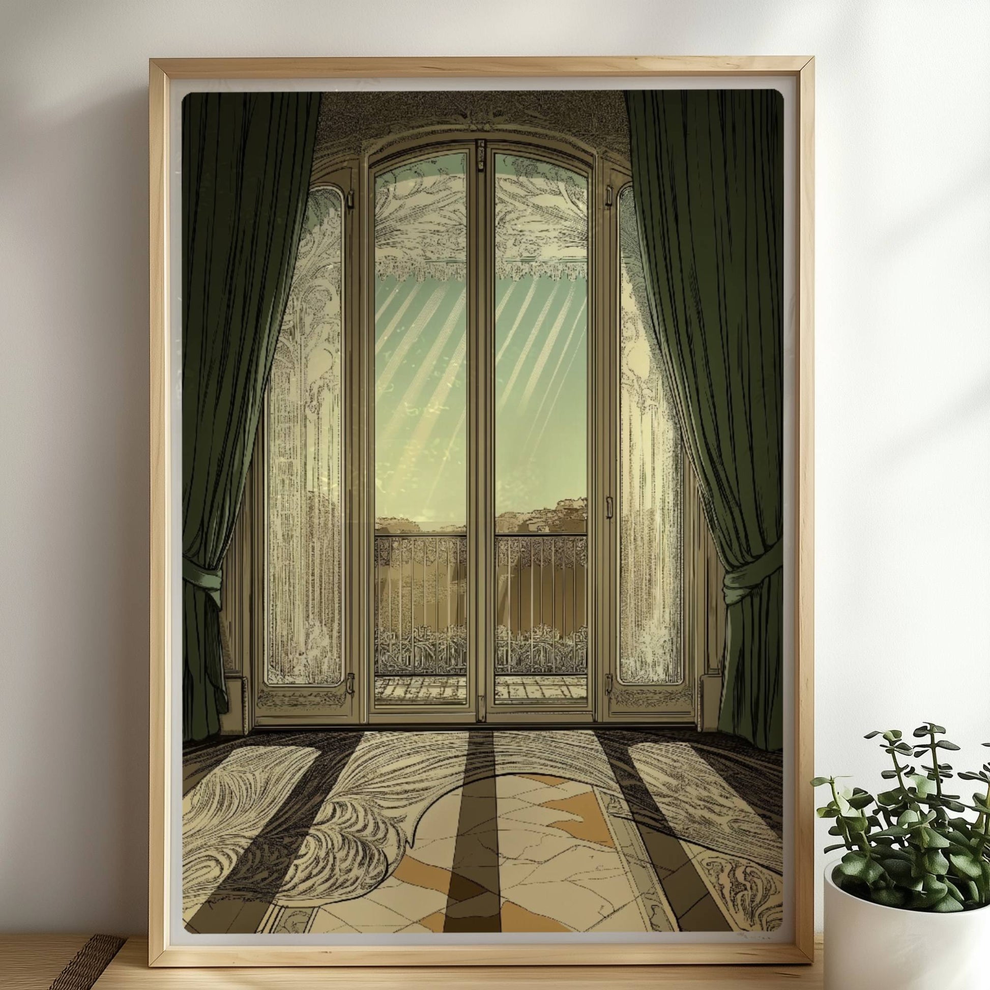 Verziertes Jugendstil-Fenster mit grünen Vorhängen, Sonnenstrahlen auf kunstvollem Musterboden, eleganter Fensterblick ins Freie.. Rahmen natur 50x70