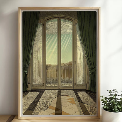 Verziertes Jugendstil-Fenster mit grünen Vorhängen, Sonnenstrahlen auf kunstvollem Musterboden, eleganter Fensterblick ins Freie.. Rahmen natur 50x70