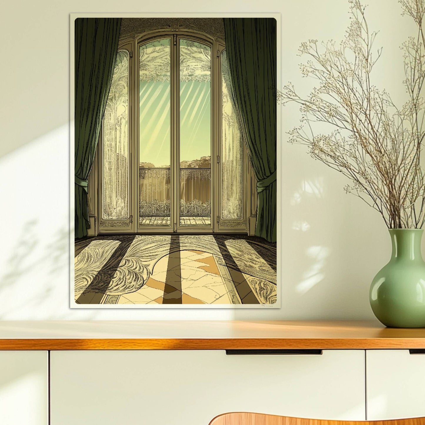 Verziertes Jugendstil-Fenster mit grünen Vorhängen, Sonnenstrahlen auf kunstvollem Musterboden, eleganter Fensterblick ins Freie.. Ohne Rahmen 50x70
