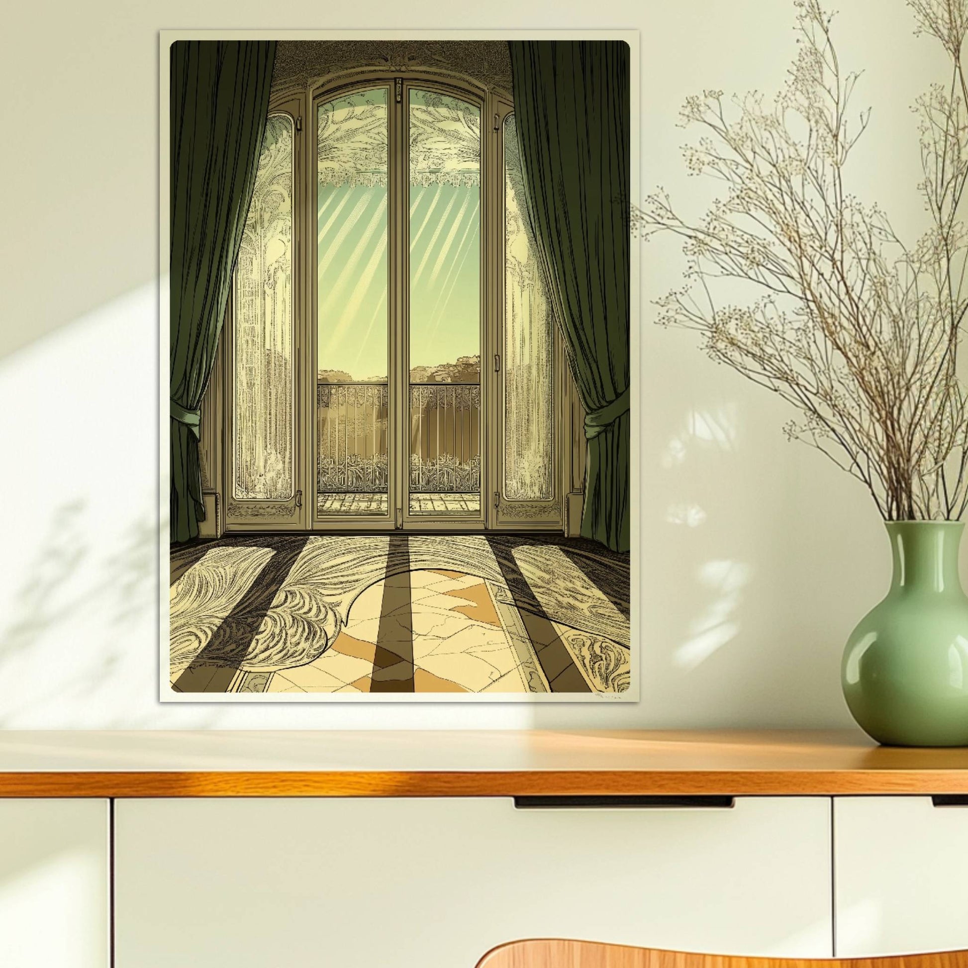 Verziertes Jugendstil-Fenster mit grünen Vorhängen, Sonnenstrahlen auf kunstvollem Musterboden, eleganter Fensterblick ins Freie.. Ohne Rahmen 50x70