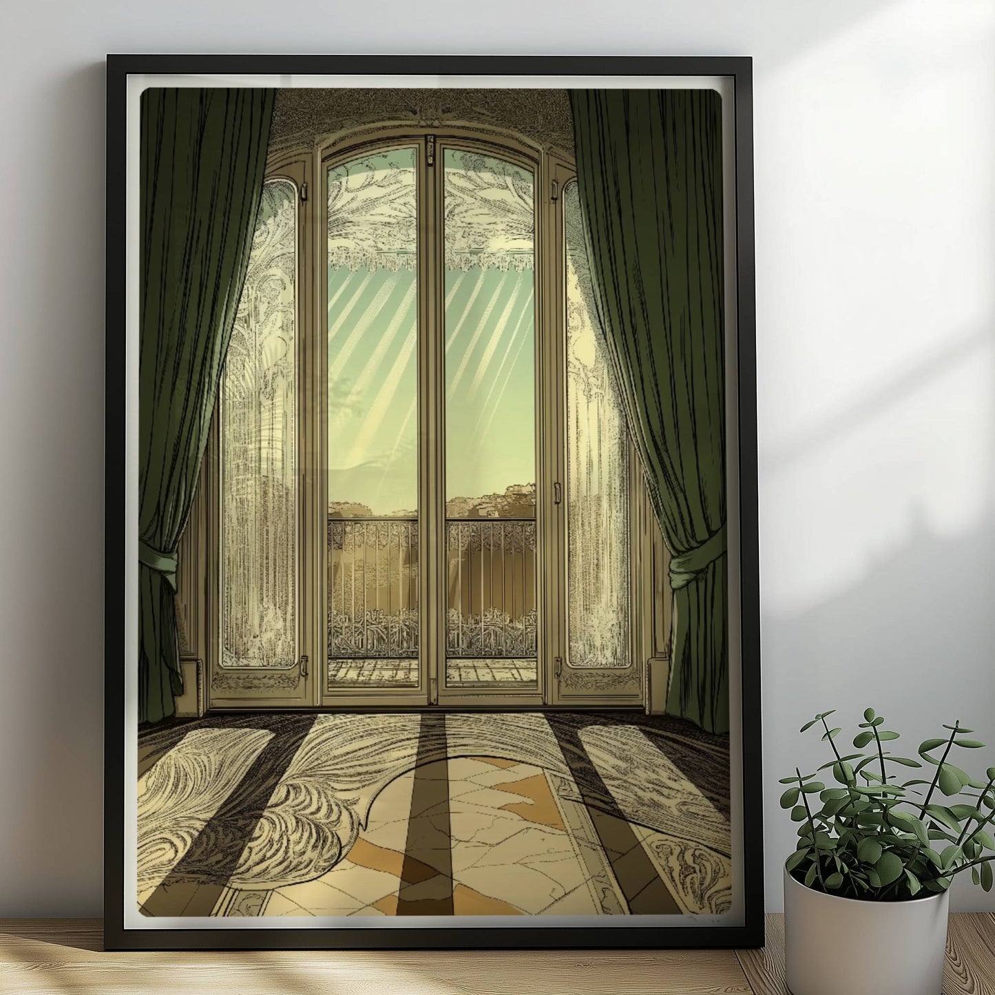 Verziertes Jugendstil-Fenster mit grünen Vorhängen, Sonnenstrahlen auf kunstvollem Musterboden, eleganter Fensterblick ins Freie.. Rahmen schwarz 50x70