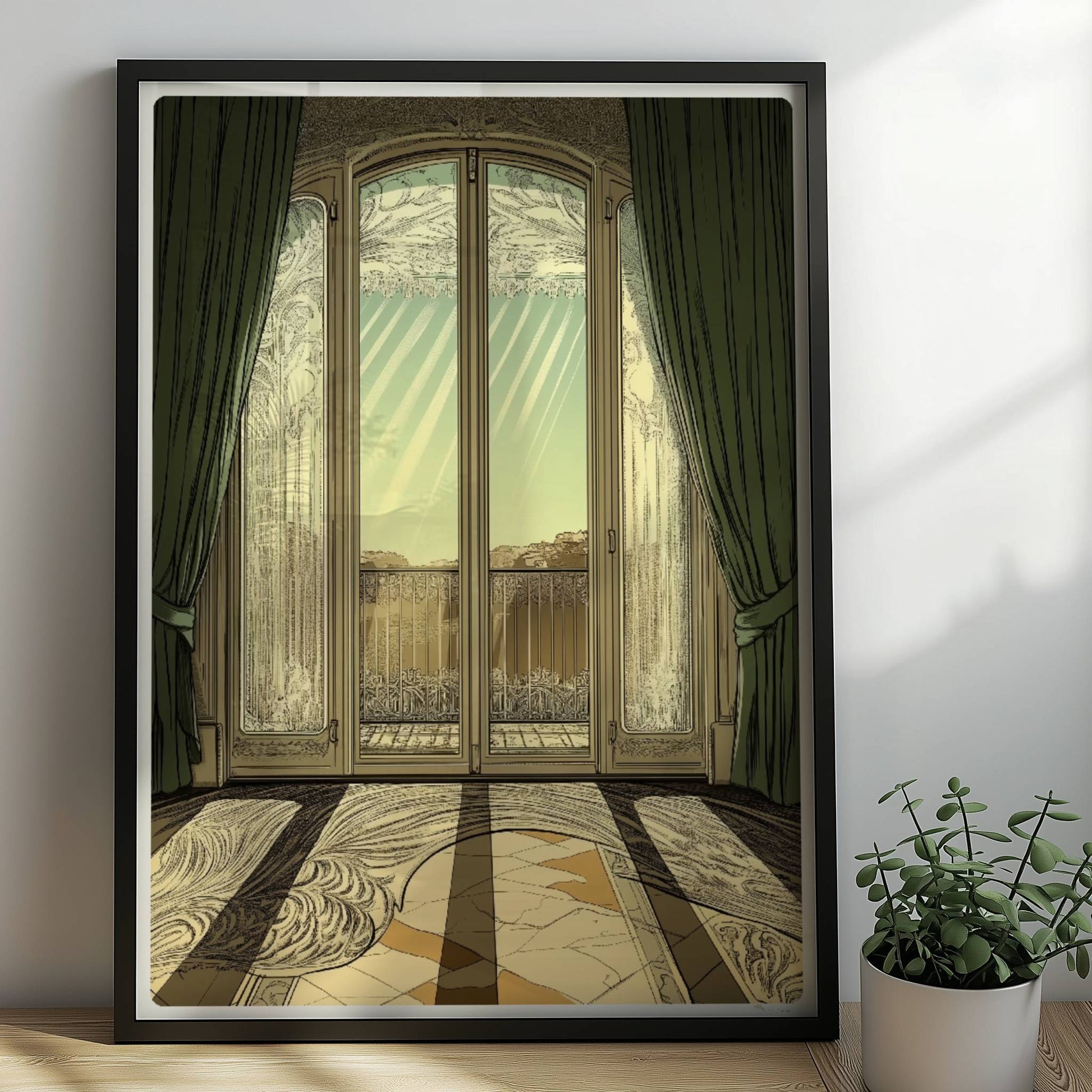 Verziertes Jugendstil-Fenster mit grünen Vorhängen, Sonnenstrahlen auf kunstvollem Musterboden, eleganter Fensterblick ins Freie.. Rahmen schwarz 50x70