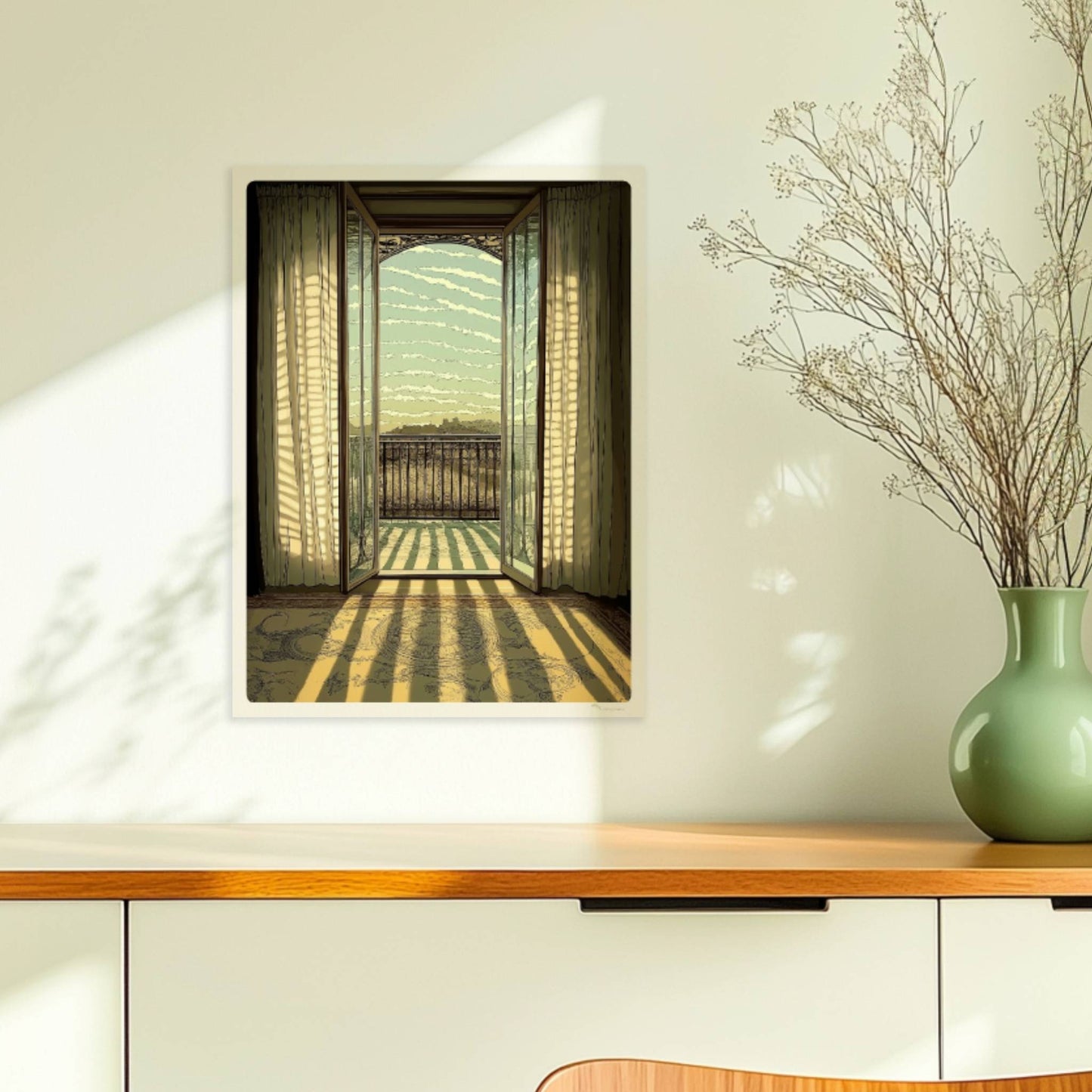 Offene Jugendstil-Balkontür mit lichtdurchfluteten Vorhängen, Sonnenstrahlen auf Teppich und eleganter Fensterblick ins Freie.. Ohne Rahmen 30x40