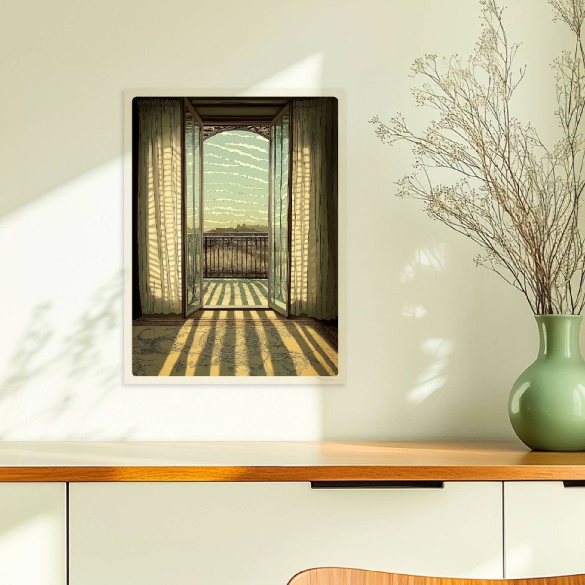 Offene Jugendstil-Balkontür mit lichtdurchfluteten Vorhängen, Sonnenstrahlen auf Teppich und eleganter Fensterblick ins Freie.. Ohne Rahmen 30x40
