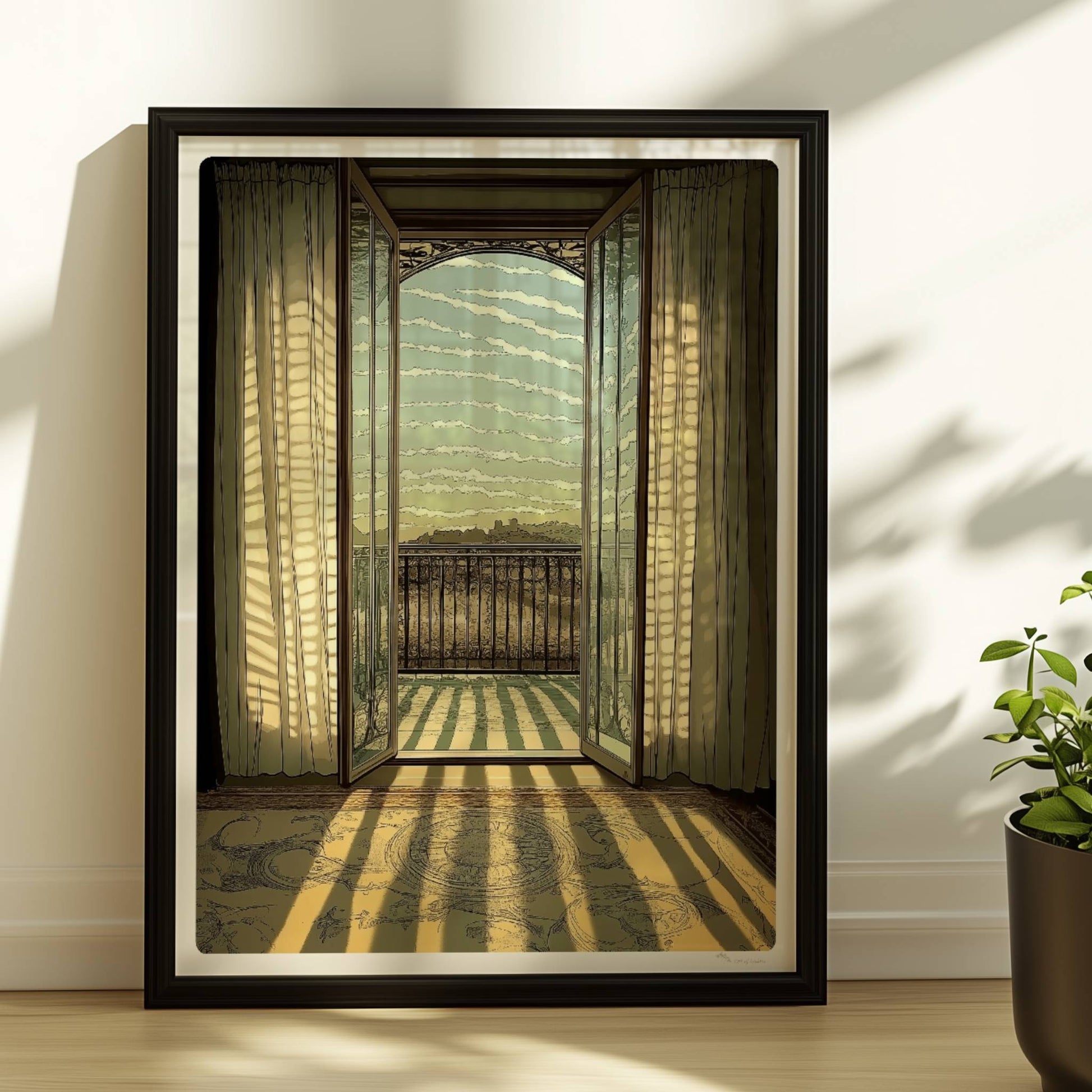 Offene Jugendstil-Balkontür mit lichtdurchfluteten Vorhängen, Sonnenstrahlen auf Teppich und eleganter Fensterblick ins Freie.. Rahmen schwarz 30x40