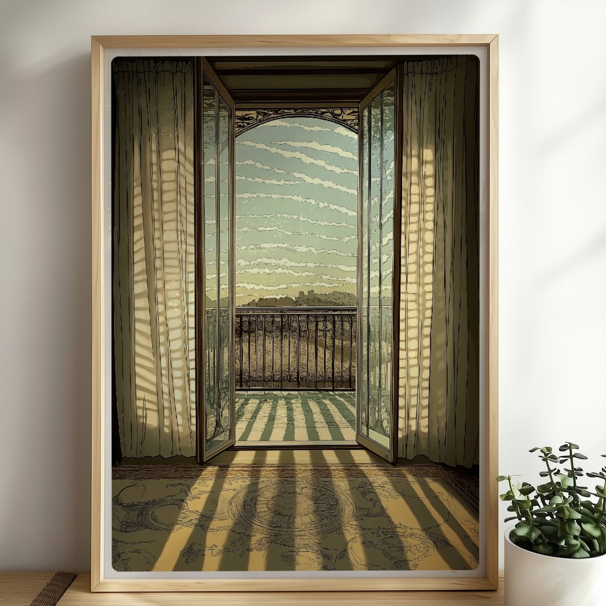 Offene Jugendstil-Balkontür mit lichtdurchfluteten Vorhängen, Sonnenstrahlen auf Teppich und eleganter Fensterblick ins Freie.. Rahmen natur 50x70