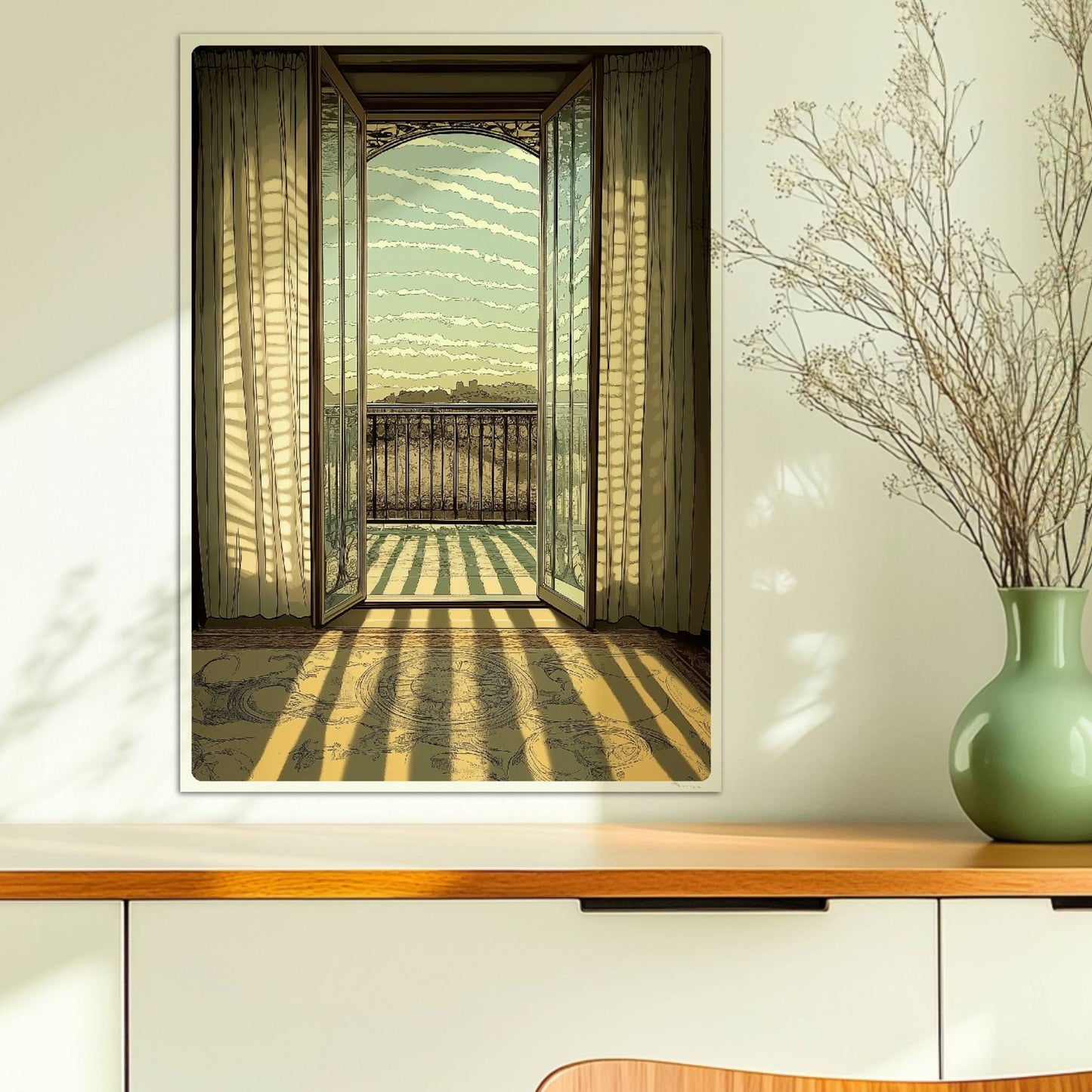 Offene Jugendstil-Balkontür mit lichtdurchfluteten Vorhängen, Sonnenstrahlen auf Teppich und eleganter Fensterblick ins Freie.. Ohne Rahmen 50x70