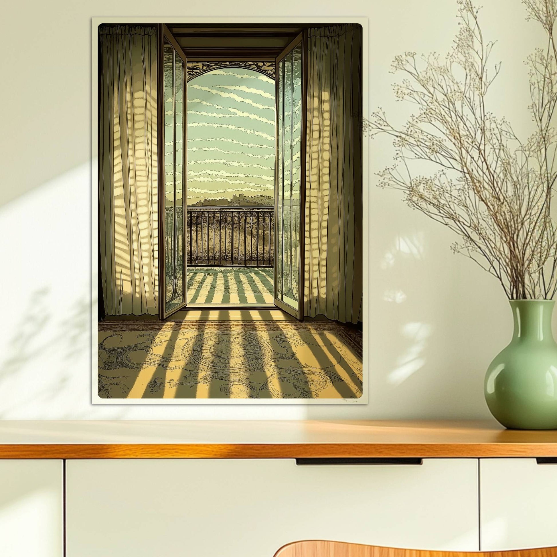 Offene Jugendstil-Balkontür mit lichtdurchfluteten Vorhängen, Sonnenstrahlen auf Teppich und eleganter Fensterblick ins Freie.. Ohne Rahmen 50x70
