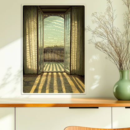 Offene Jugendstil-Balkontür mit lichtdurchfluteten Vorhängen, Sonnenstrahlen auf Teppich und eleganter Fensterblick ins Freie.. Ohne Rahmen 50x70