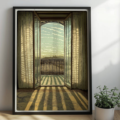 Offene Jugendstil-Balkontür mit lichtdurchfluteten Vorhängen, Sonnenstrahlen auf Teppich und eleganter Fensterblick ins Freie.. Rahmen schwarz 50x70